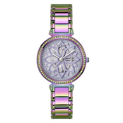 Multicolored watch with a detailed face on a white background