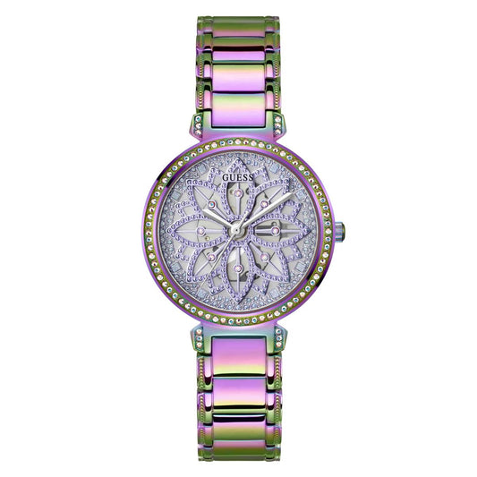 Multicolored watch with a detailed face on a white background