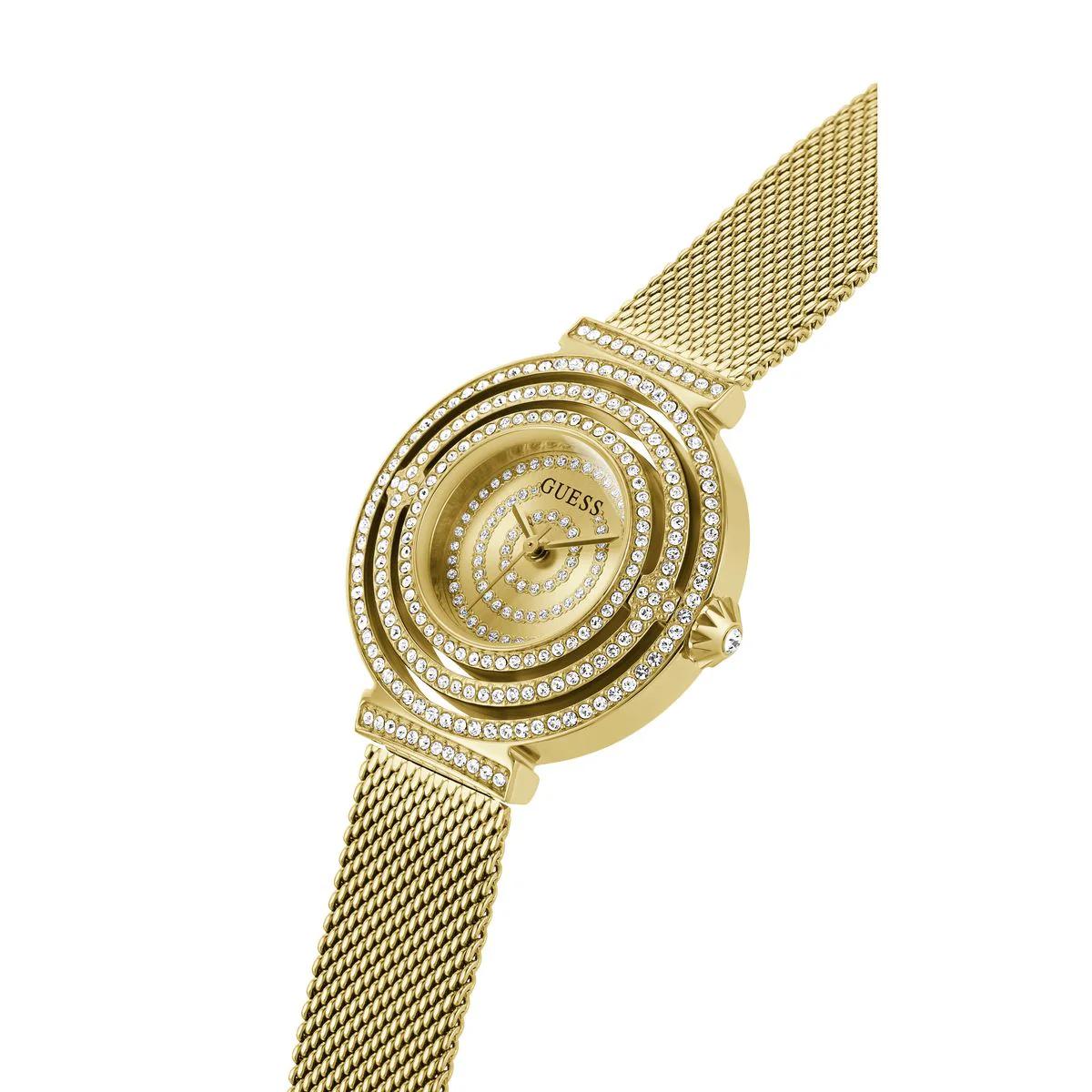 Gold watch with mesh band and diamond-like accents on a white background