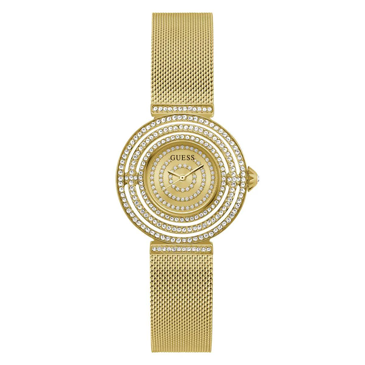 Gold watch with diamond-studded face on a white background