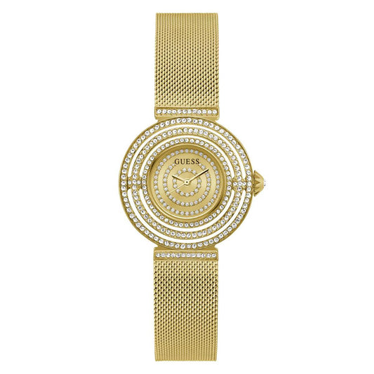 Gold watch with diamond-studded face on a white background
