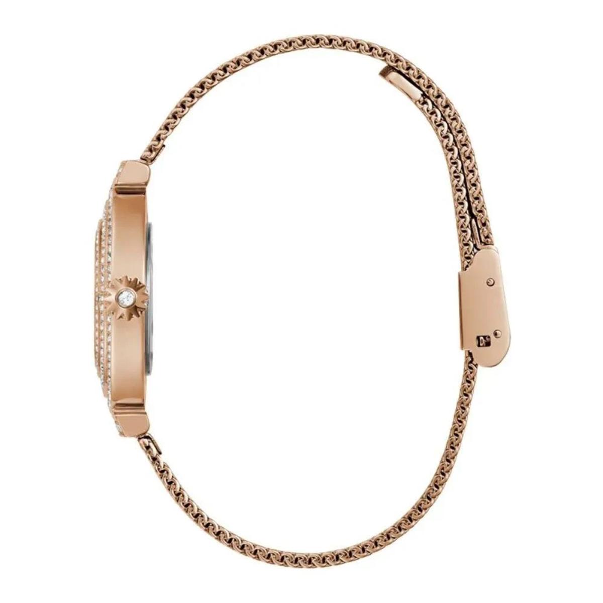 Rose gold watch with chain strap on a white background
