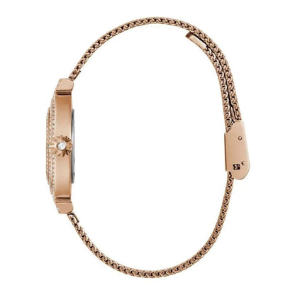 Rose gold watch with chain strap on a white background