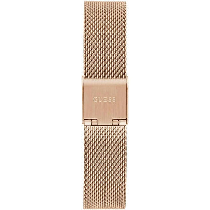Rose gold mesh watch band with 'GUESS' logo on a white background