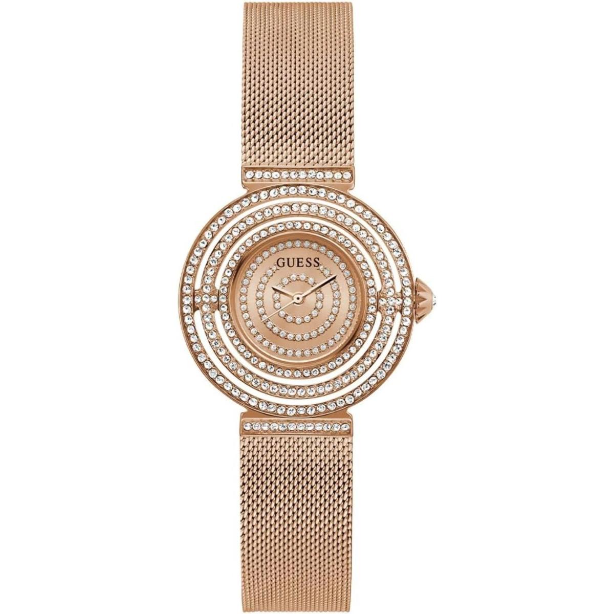 Rose gold watch with mesh band and crystal embellishments on a white background