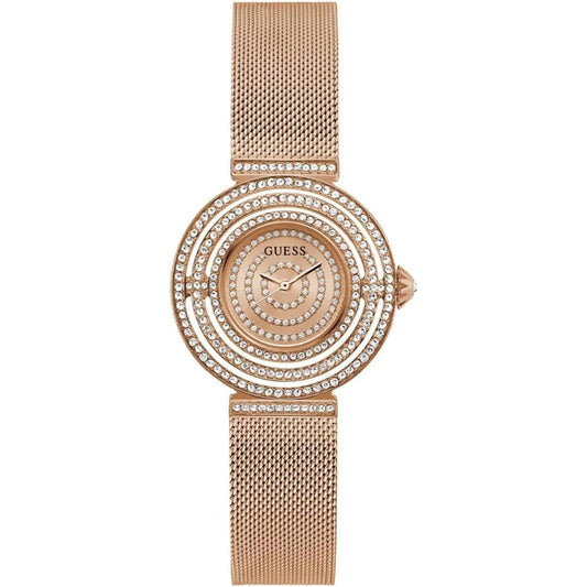 Rose gold watch with mesh band and crystal embellishments on a white background
