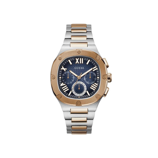Guess watch with silver and rose gold band on white background