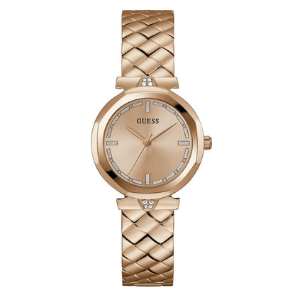 Rose gold watch with braided strap on a white background