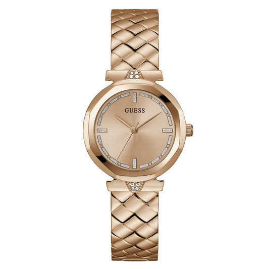 Rose gold watch with braided strap on a white background