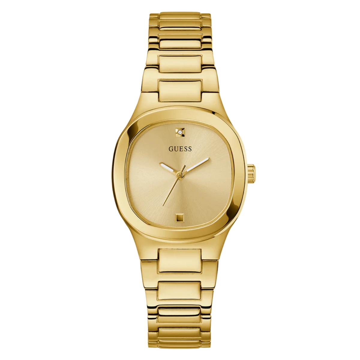 Gold watch with a white background
