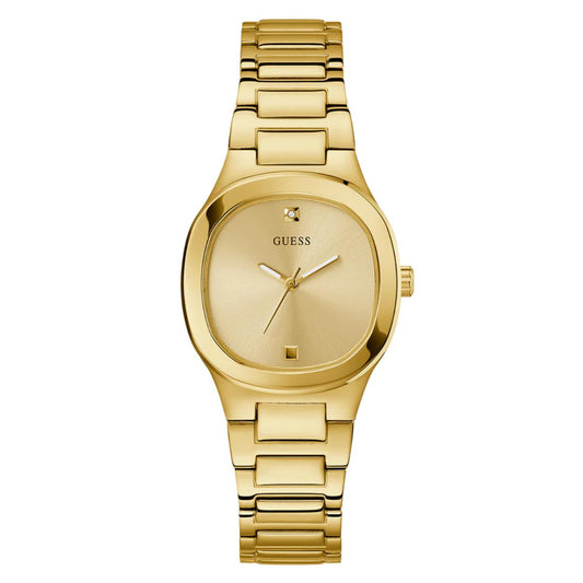 Gold watch with a white background