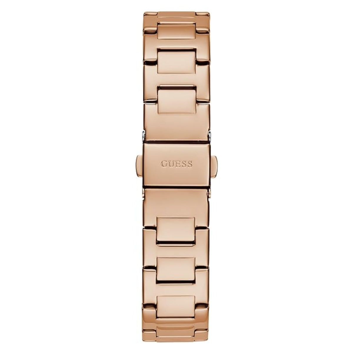 A rose gold stainless steel link watch band with the GUESS brand name engraved on the clasp, shown against a plain white background.