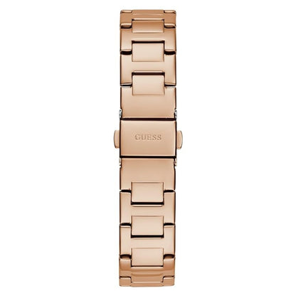 A rose gold stainless steel link watch band with the GUESS brand name engraved on the clasp, shown against a plain white background.
