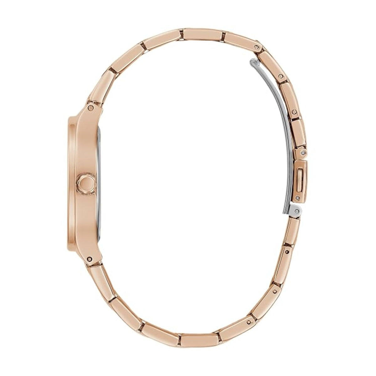 Rose gold smartwatch band with a matching round case, shown from the side on a plain white background.