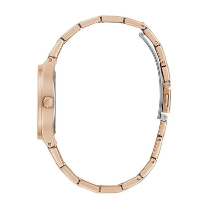 Rose gold smartwatch band with a matching round case, shown from the side on a plain white background.