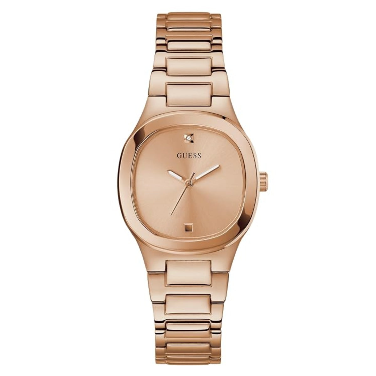A rose gold Guess women's analog watch with a matching metal link bracelet, featuring a minimalist dial with a small crystal hour marker and the Guess brand name.
