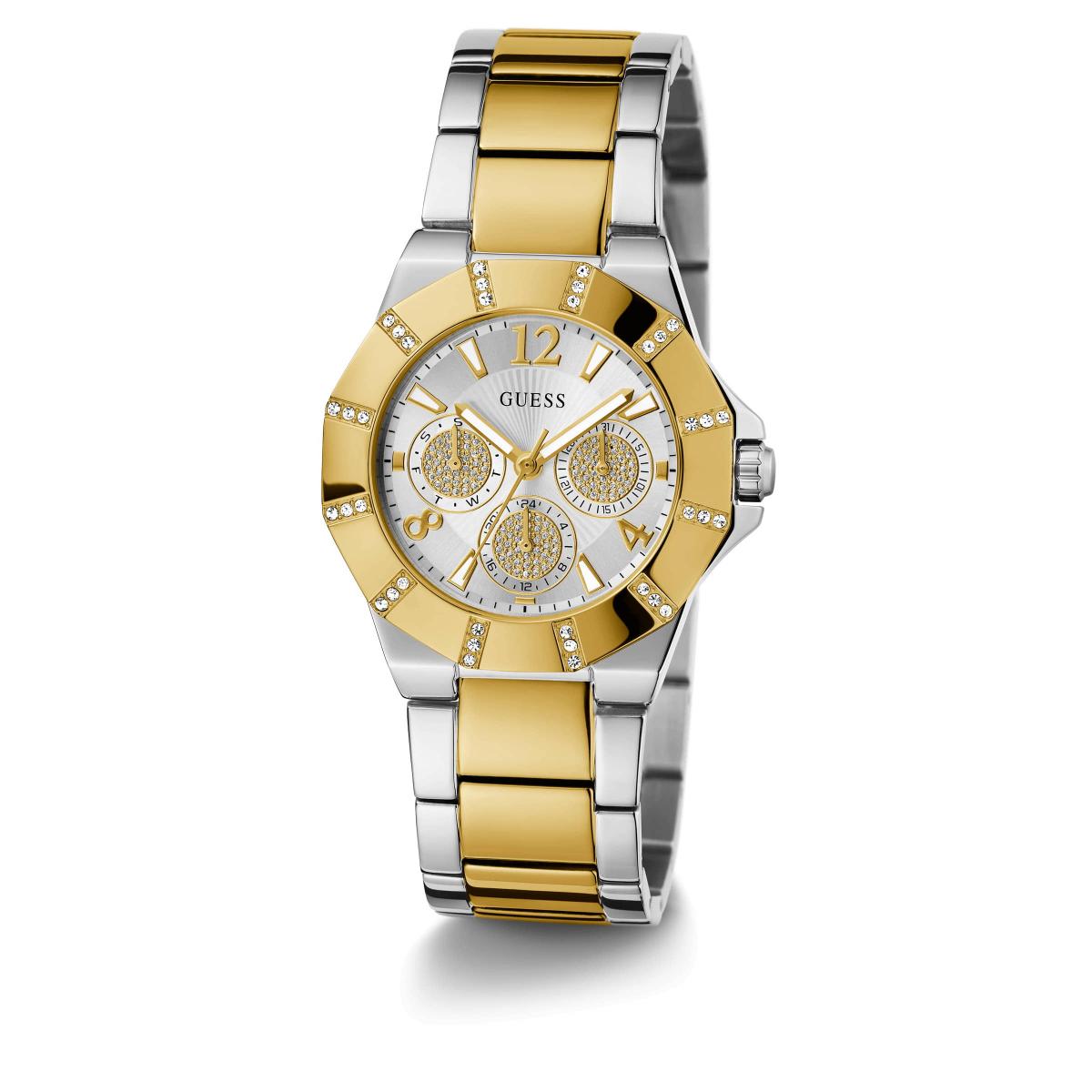 Two-tone gold and silver watch with a white face on a white background