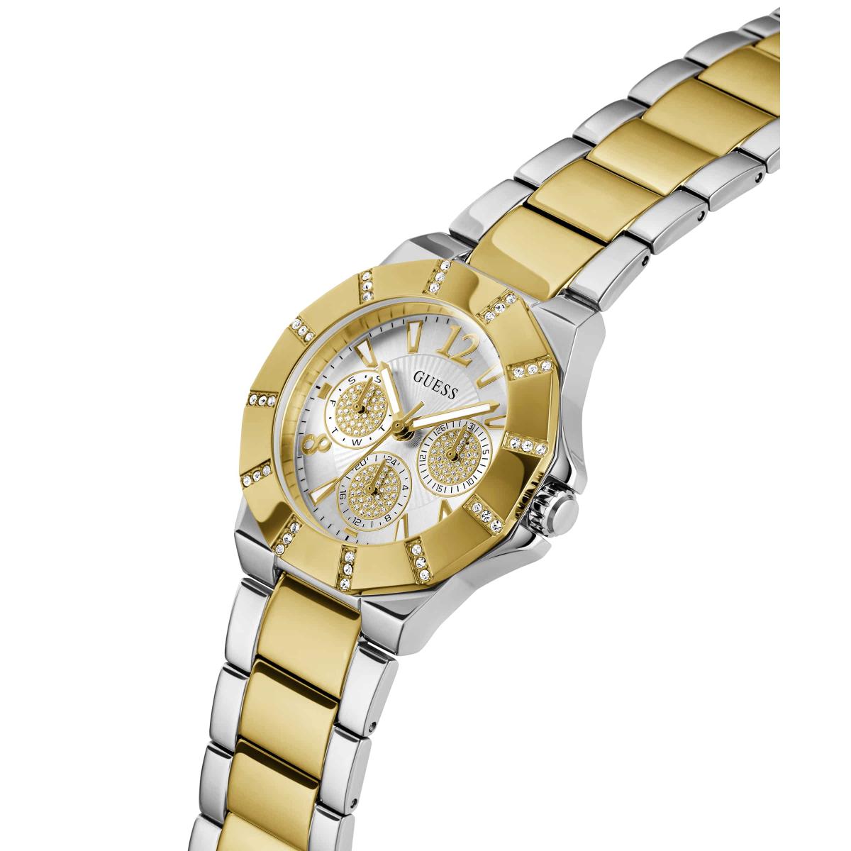Two-tone gold and silver watch with a visible brand logo on a white background