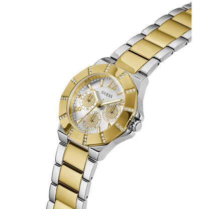 Two-tone gold and silver watch with a visible brand logo on a white background