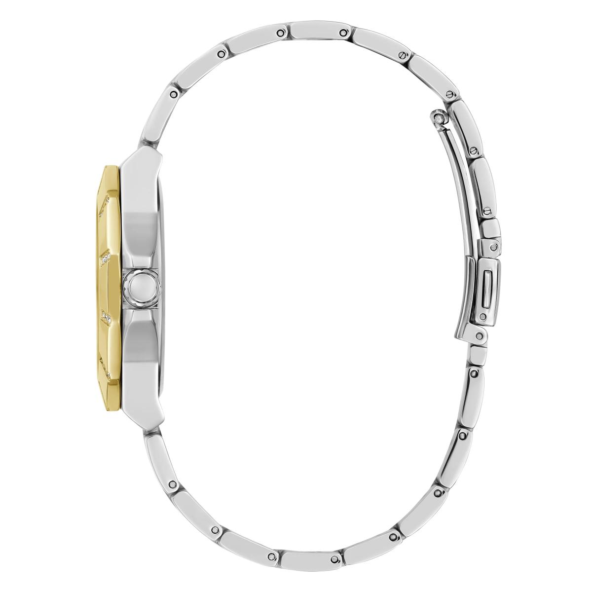 Close-up of a watch with a silver and gold band on a white background