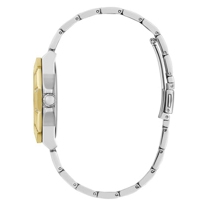 Close-up of a watch with a silver and gold band on a white background