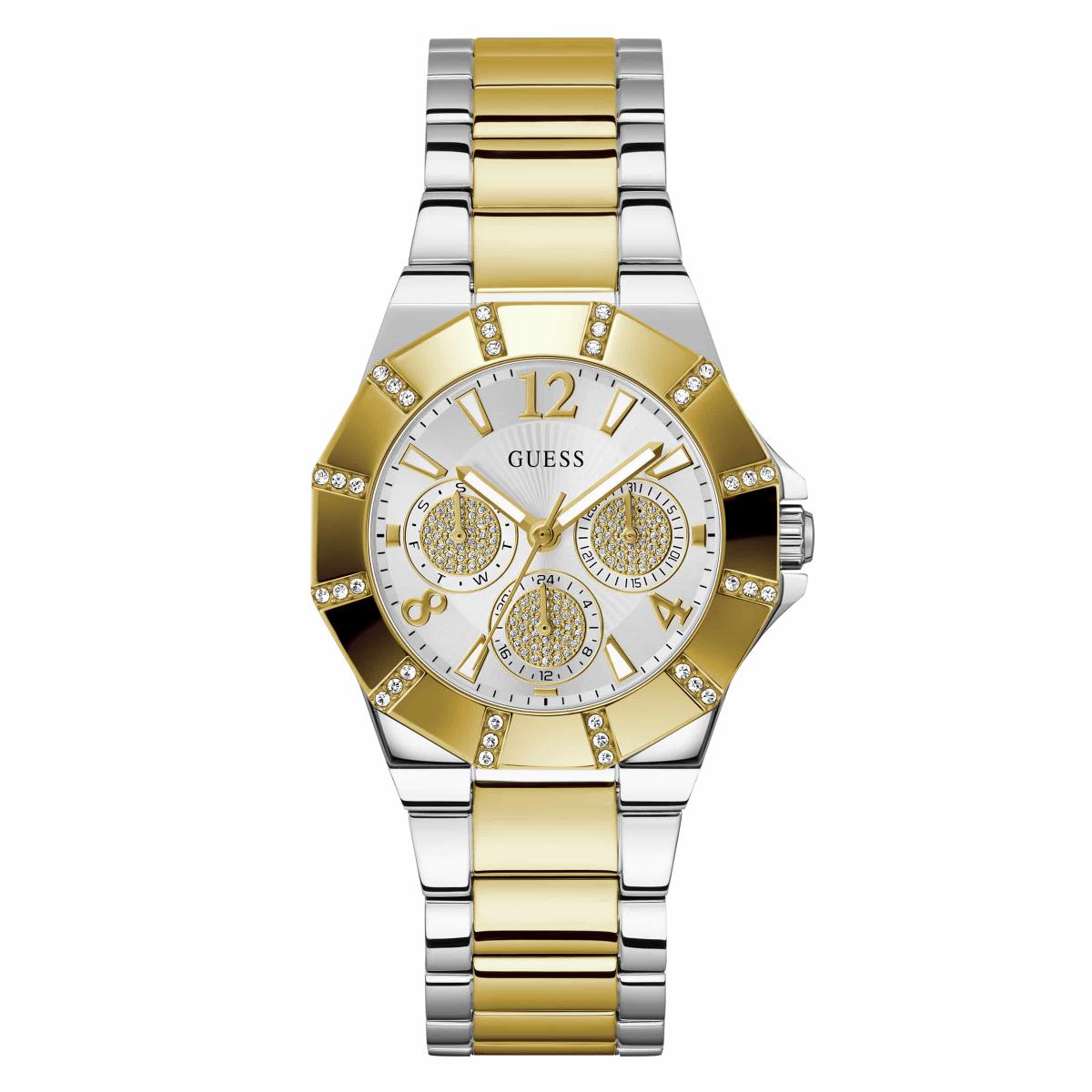 Gold and silver watch with a white face on a white background