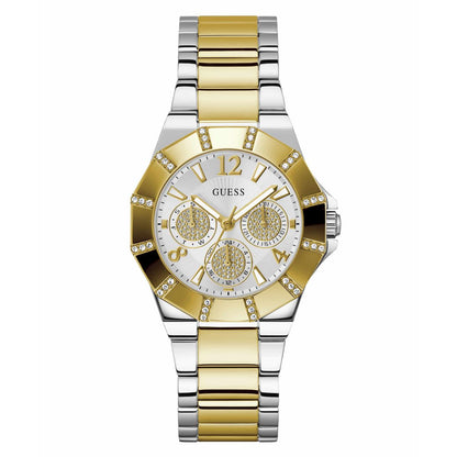 Gold and silver watch with a white face on a white background
