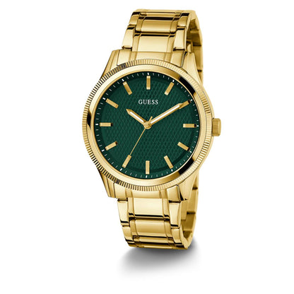 Gold watch with green dial on a white background