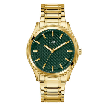 Gold watch with green dial on a white background