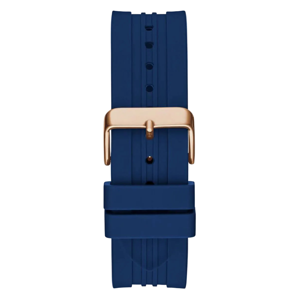 Blue watch strap with a gold buckle on a light gray background