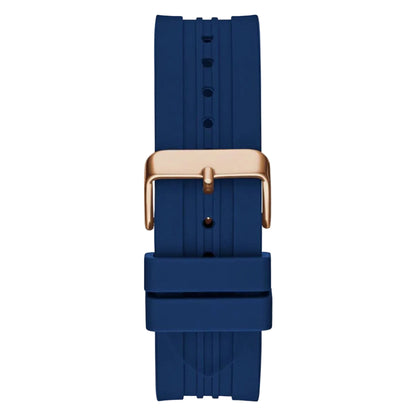 Blue watch strap with a gold buckle on a light gray background