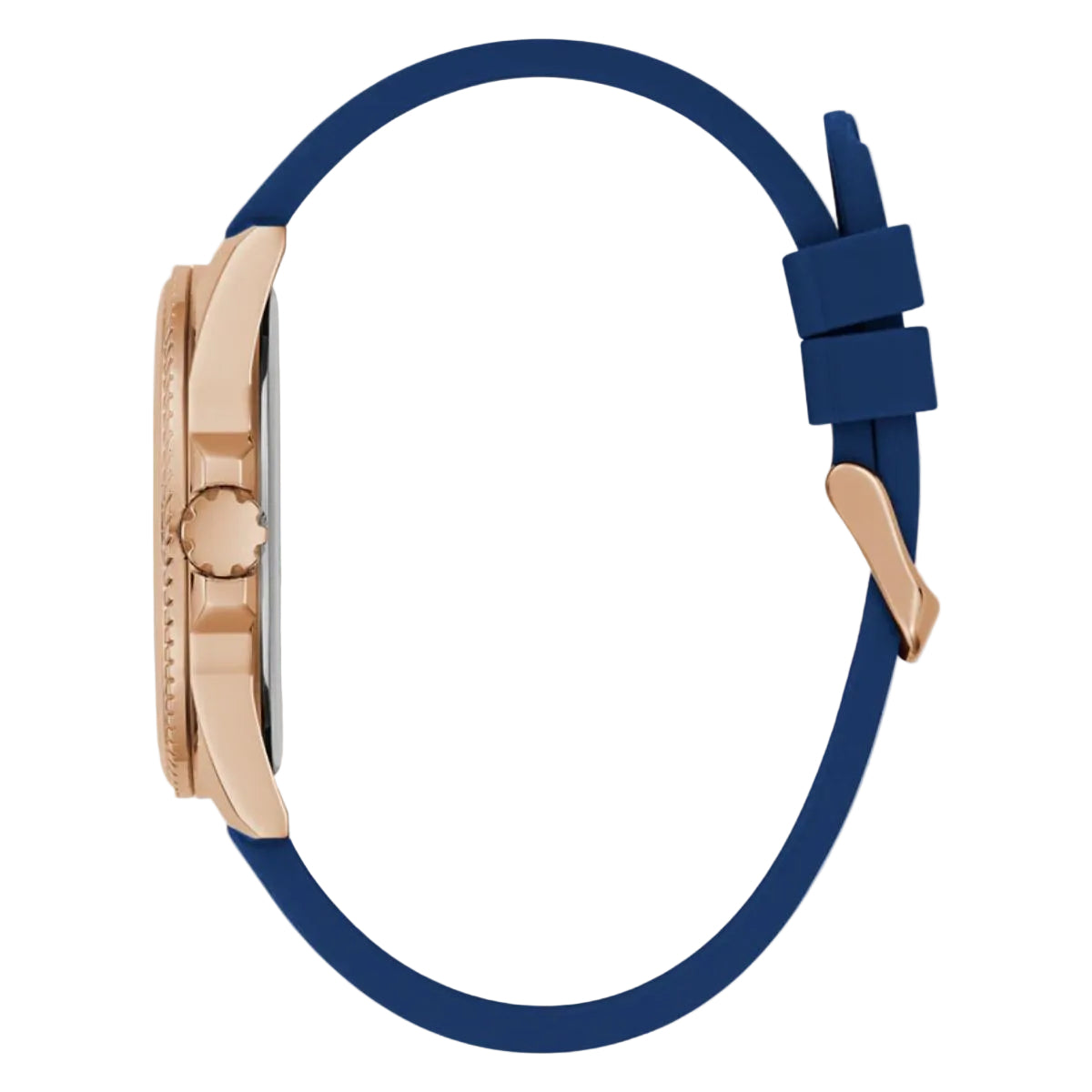 Watch with a blue strap and rose gold case on a light gray background