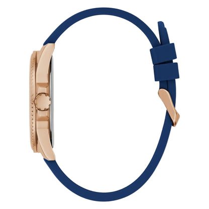 Watch with a blue strap and rose gold case on a light gray background
