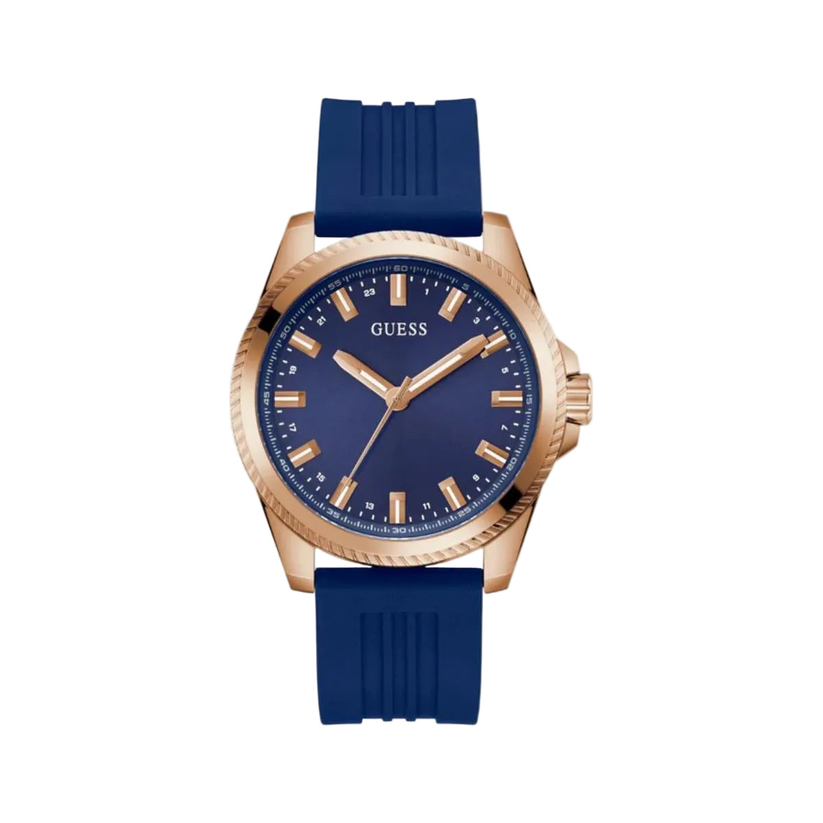 Blue watch with rose gold accents on a light gray background