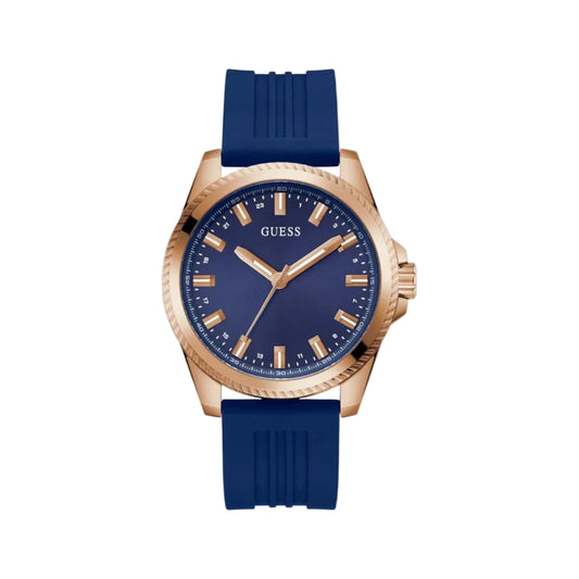 Blue watch with rose gold accents on a light gray background