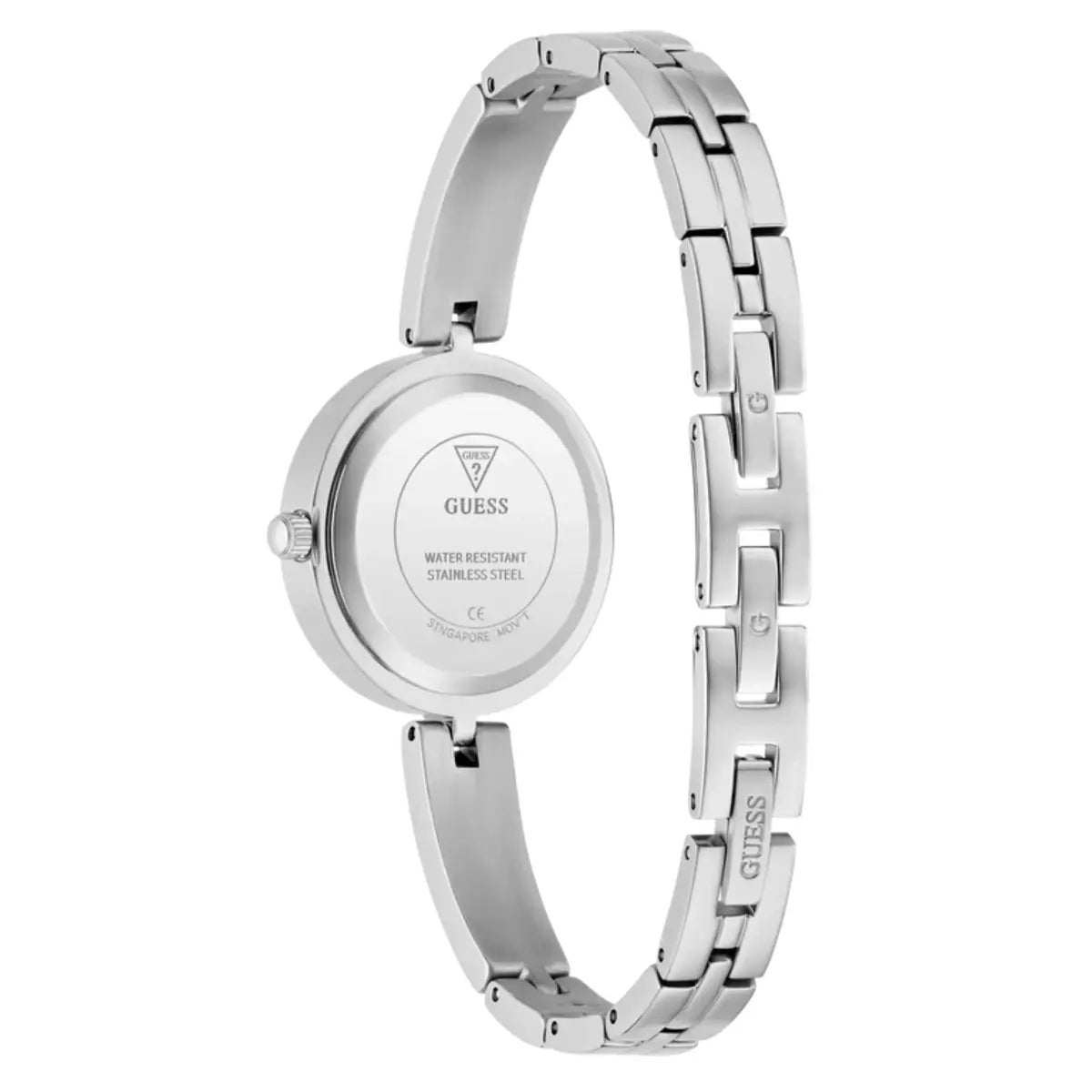Silver Guess watch on a white background
