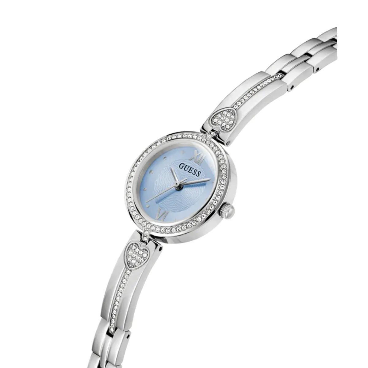 Silver watch with a blue face on a white background