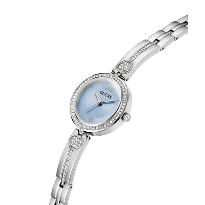 Silver watch with a blue face on a white background