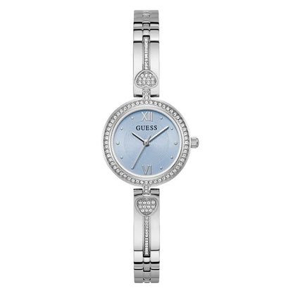 Silver watch with a light blue face on a white background
