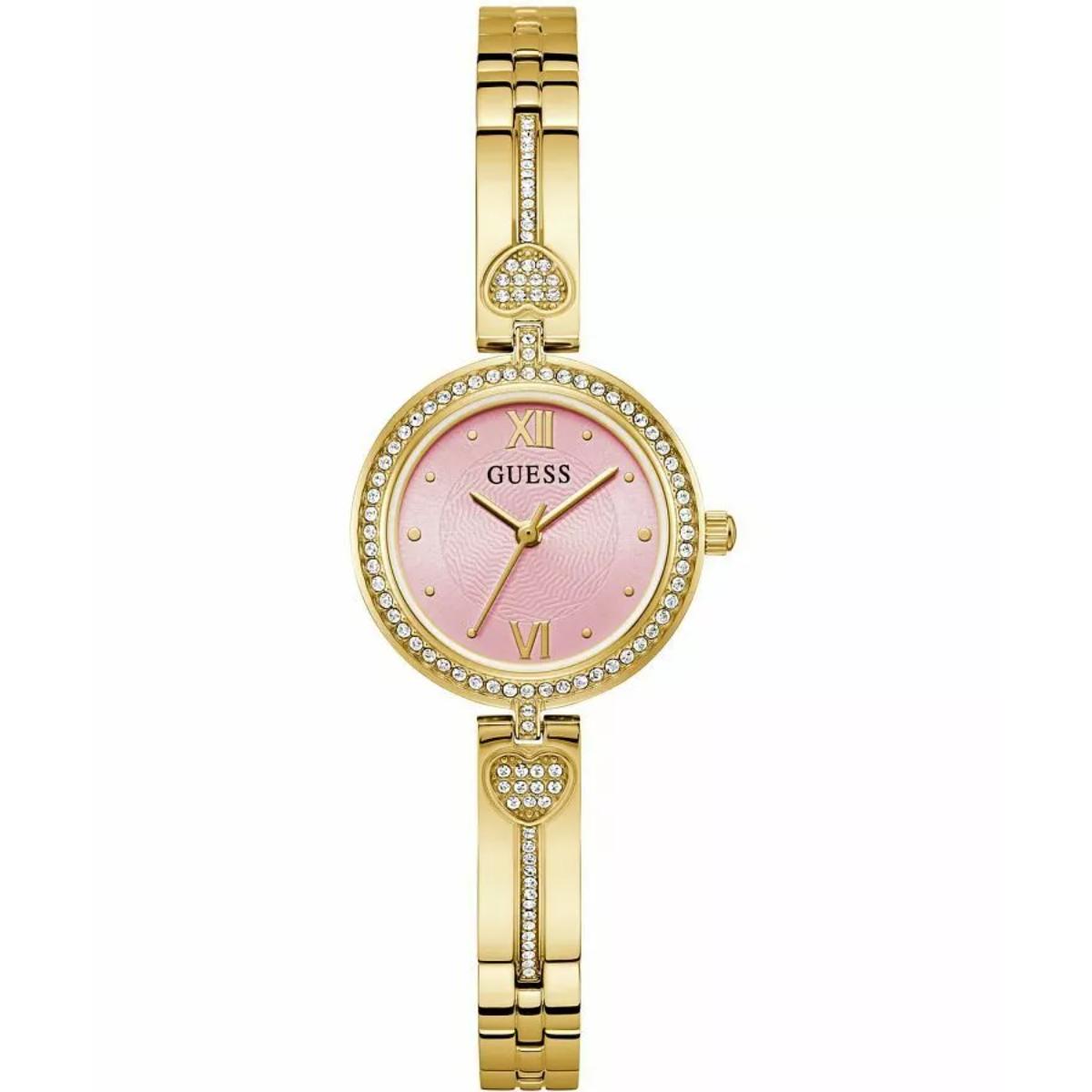 Gold watch with pink dial on a white background