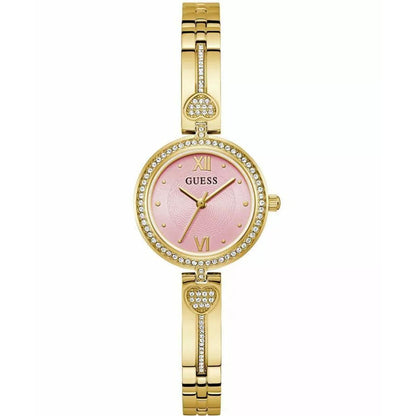 Gold watch with pink dial on a white background