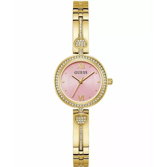 Gold watch with pink dial on a white background