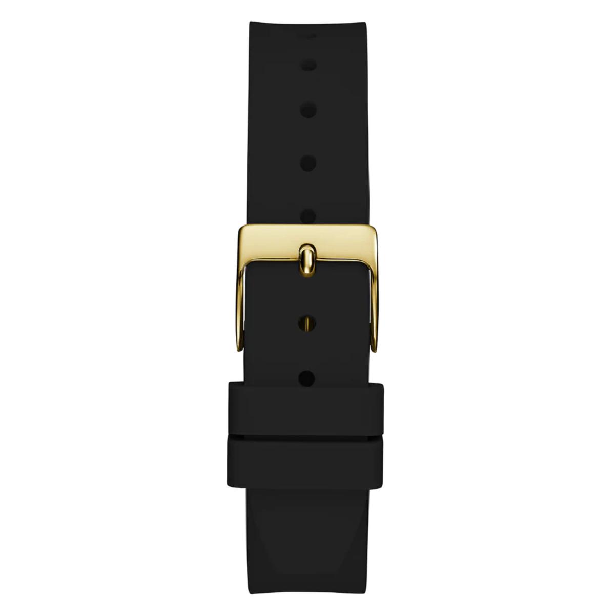 Black watch strap with a gold buckle on a white background