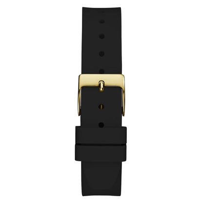 Black watch strap with a gold buckle on a white background