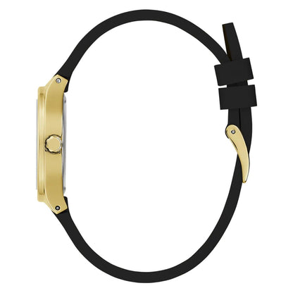 Close-up of a watch with black strap and gold case on a white background