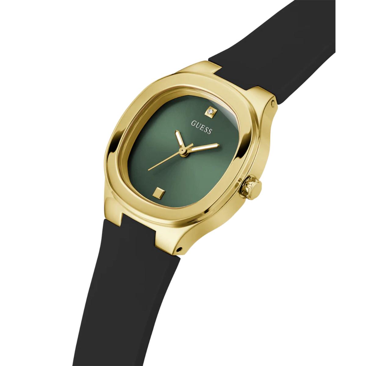 Gold watch with a green face and black strap on a white background