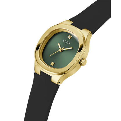 Gold watch with a green face and black strap on a white background