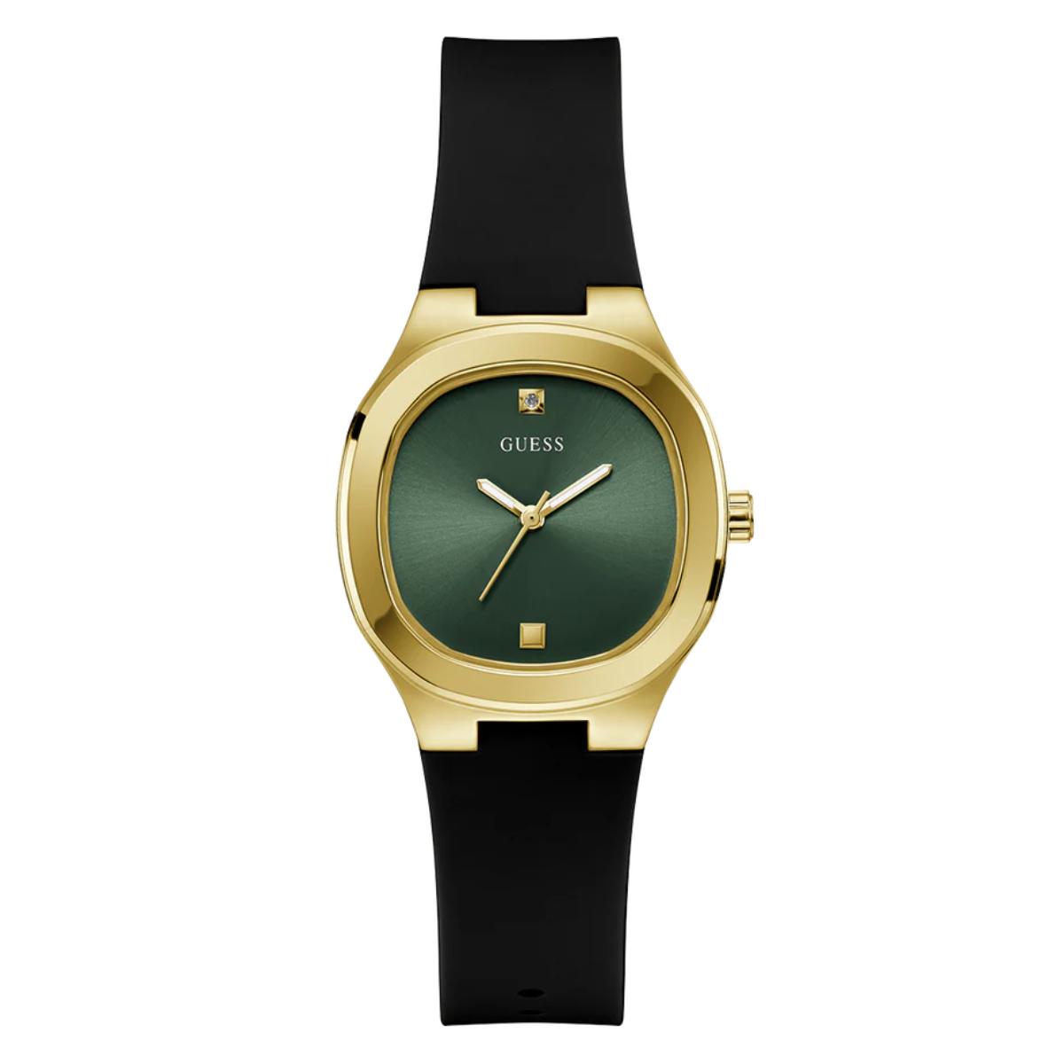 Gold watch with a green face and black strap on a white background