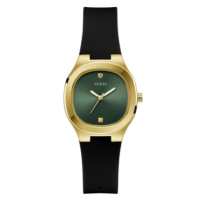 Gold watch with a green face and black strap on a white background