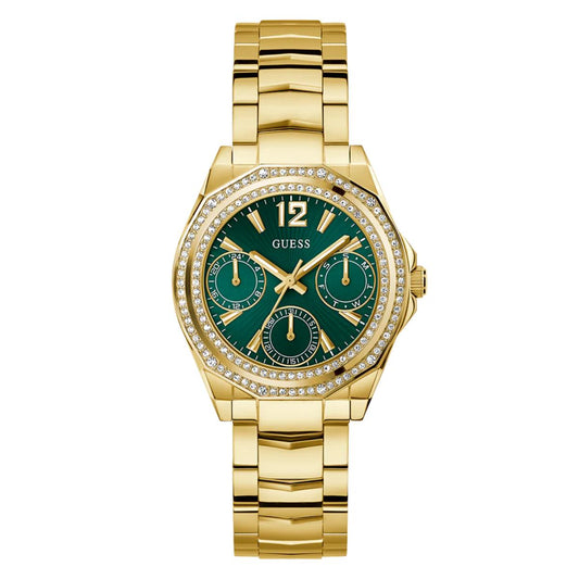 Gold watch with a green face on a white background